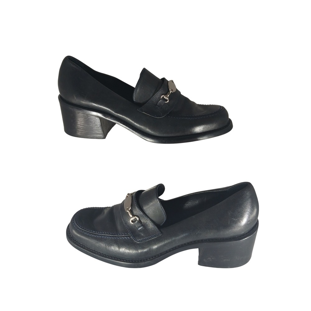 Nine West Permit Loafers 8M Navy Blue Leather Chunky Block Heel Horsebit Vintage